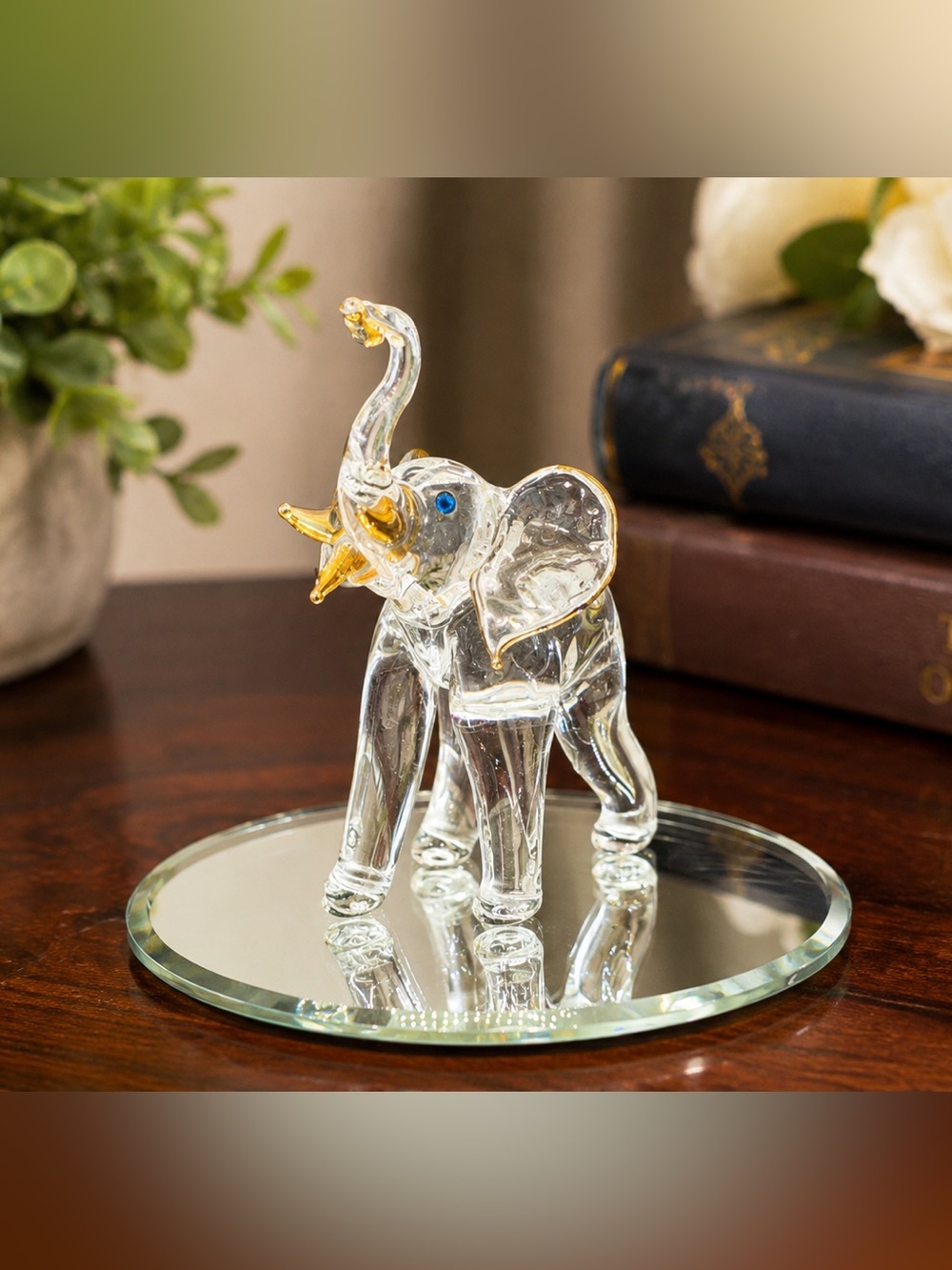 1990s Glass Baron Clear Glass Elephant Figurine Blue Crystal Eyes Gold Accents